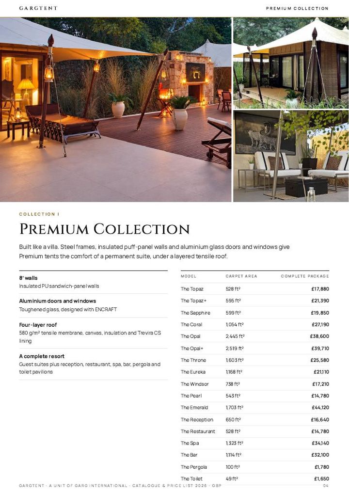 Premium Collection page of the GargTent catalogue