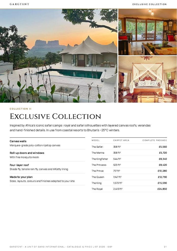 Exclusive Collection page of the GargTent catalogue