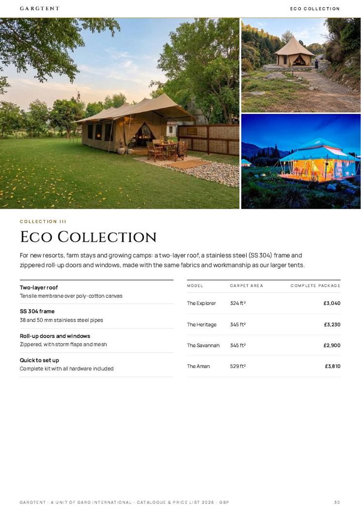 Eco Collection page of the GargTent catalogue