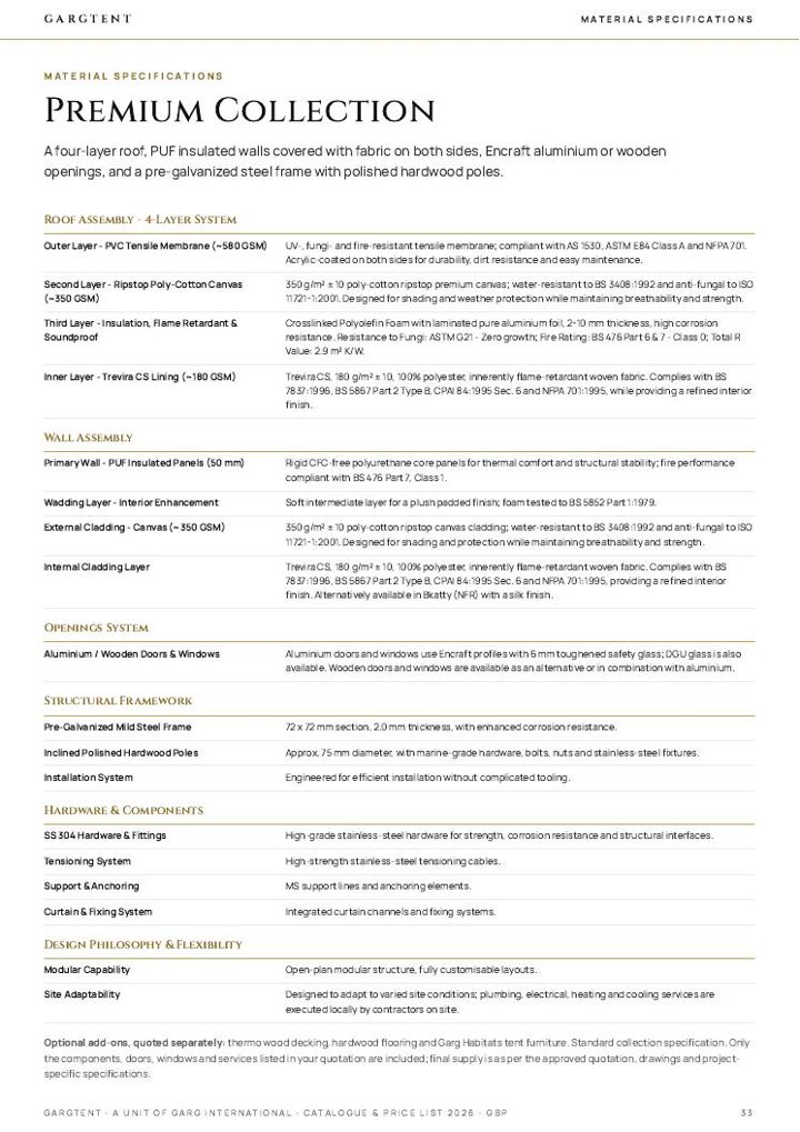 Material specifications page of the GargTent catalogue